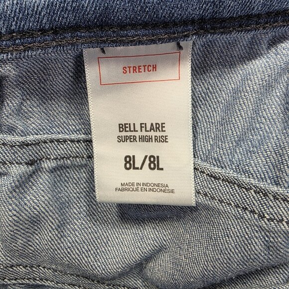 Express Jeans Womens 8 Long Light Blue Bell Flare Super High Rise Belted Denim - Picture 5 of 10